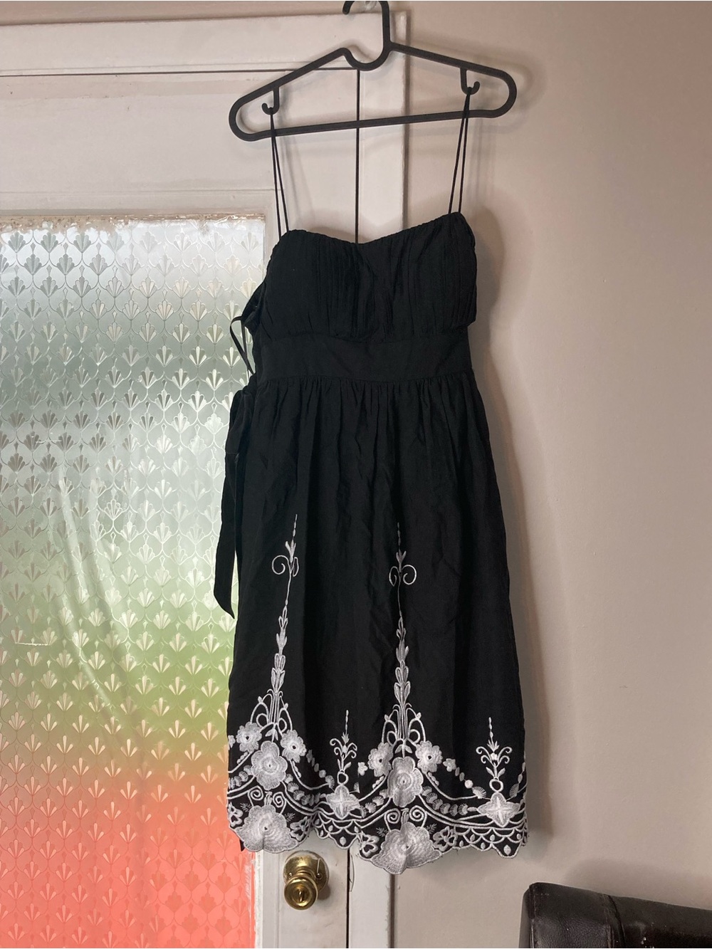 Black Spaghetti Strap Dress with White Embroidered Hem